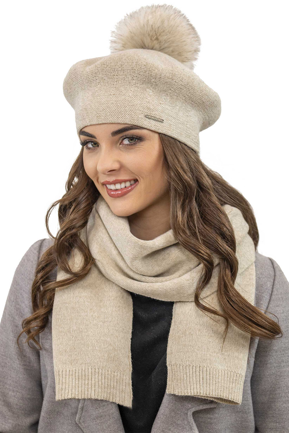 Vivisence Damen Baskenmütze Schal Set Bommel Wolle Warm Elegant Winter 7035Kmpl, beige