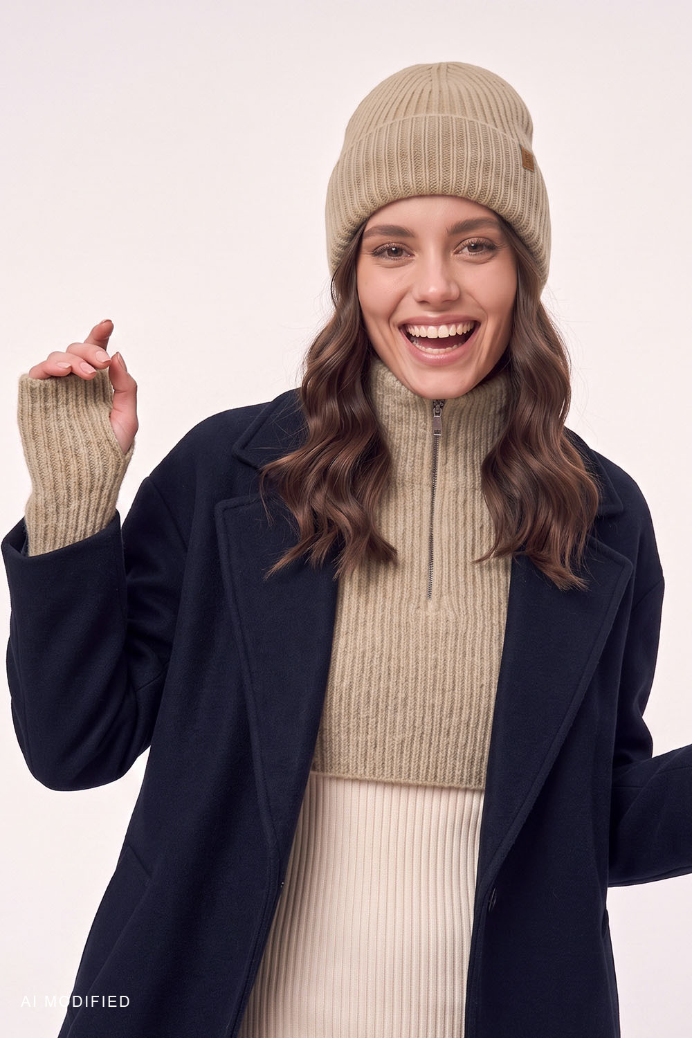Vivisence women's knitted neck warmer with zip, warm and form-fitting, beige