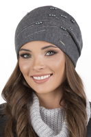 Vivisence Women's Hat Knitted Warm With Fleece Zirconia Pearls Elegant Winter 7012, dark grey