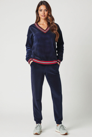 Vivisence Damen Trainingsanzug Set Velour Mit Taschen Für Komfort Beim Freizeitlook 9201, dunkelblau