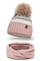 Vivisence Modisches Winterset für Damen Warme Mütze Mit Antistatischem Fleece Und Umweltfreundlichem Bommel Passender Loop-Schal Aus Weichem Garn Perfekt Für Kalte Tage Und Outdoor-Aktivitäten, Pink