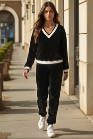 Vivisence Women Tracksuit Velour Set Ribbed Cuffs Comfortable Loungewear 9201, Black