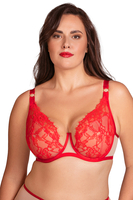 Vivisence Soft Lace Underwire Bra with Full Sheer Cups and Decorative Gold Elements Lingerie for Women Adjustable Straps and Lycra Back Lift & Gather Effect, red