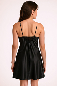 Vivisence Damen Nachthemd Satin Spitze Zierträger Verstellbar Elegant 2038, Schwarz