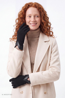 Vivisence Women’s Knitted Gloves Wool Blend Genuine Leather Trim, black
