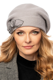 Vivisence Handmade Elegant Women's Cap With Floral Applique And Beads Decorative Folds Made From Warm Wool Static-Free Design Perfect Fit Ideal For Cold Winter Days, grey