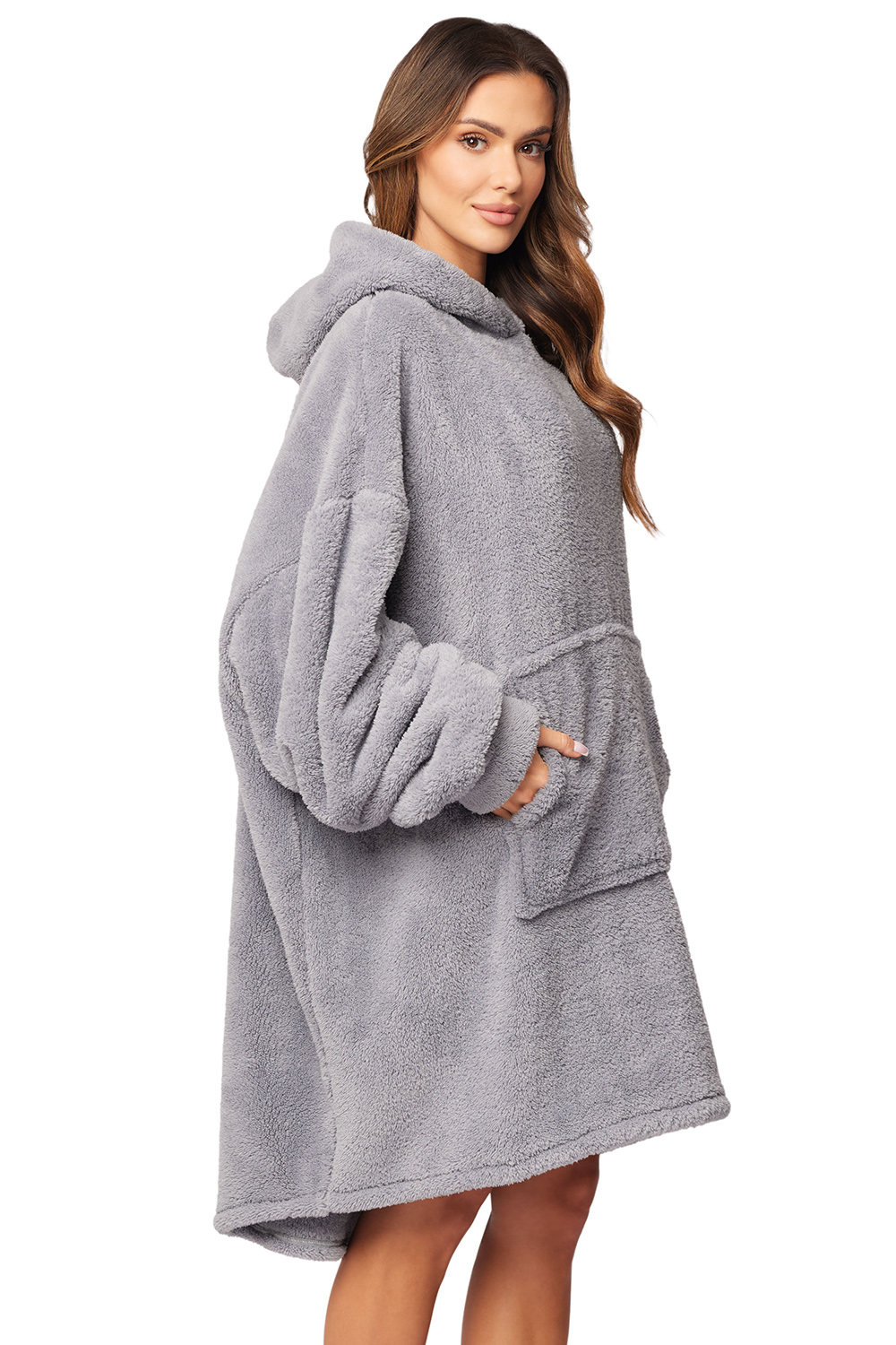 Vivisence Damen Bademantel Kapuze Plüsch Oversize Bequem, grau