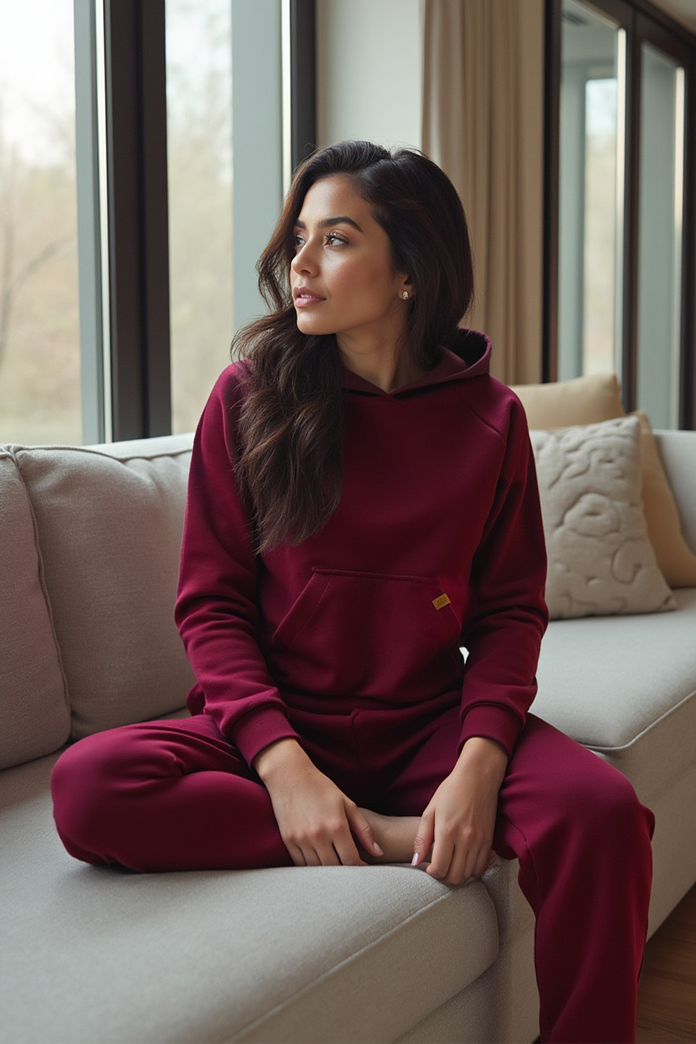 Vivisence Womens Sweatpants Cotton Ribbed Cuffs Loungewear Casual 9103, maroon