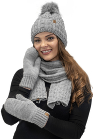 Vivisence Pom Pom Hat For Women Fleece Lined Knitted Winter Style 7015, light grey