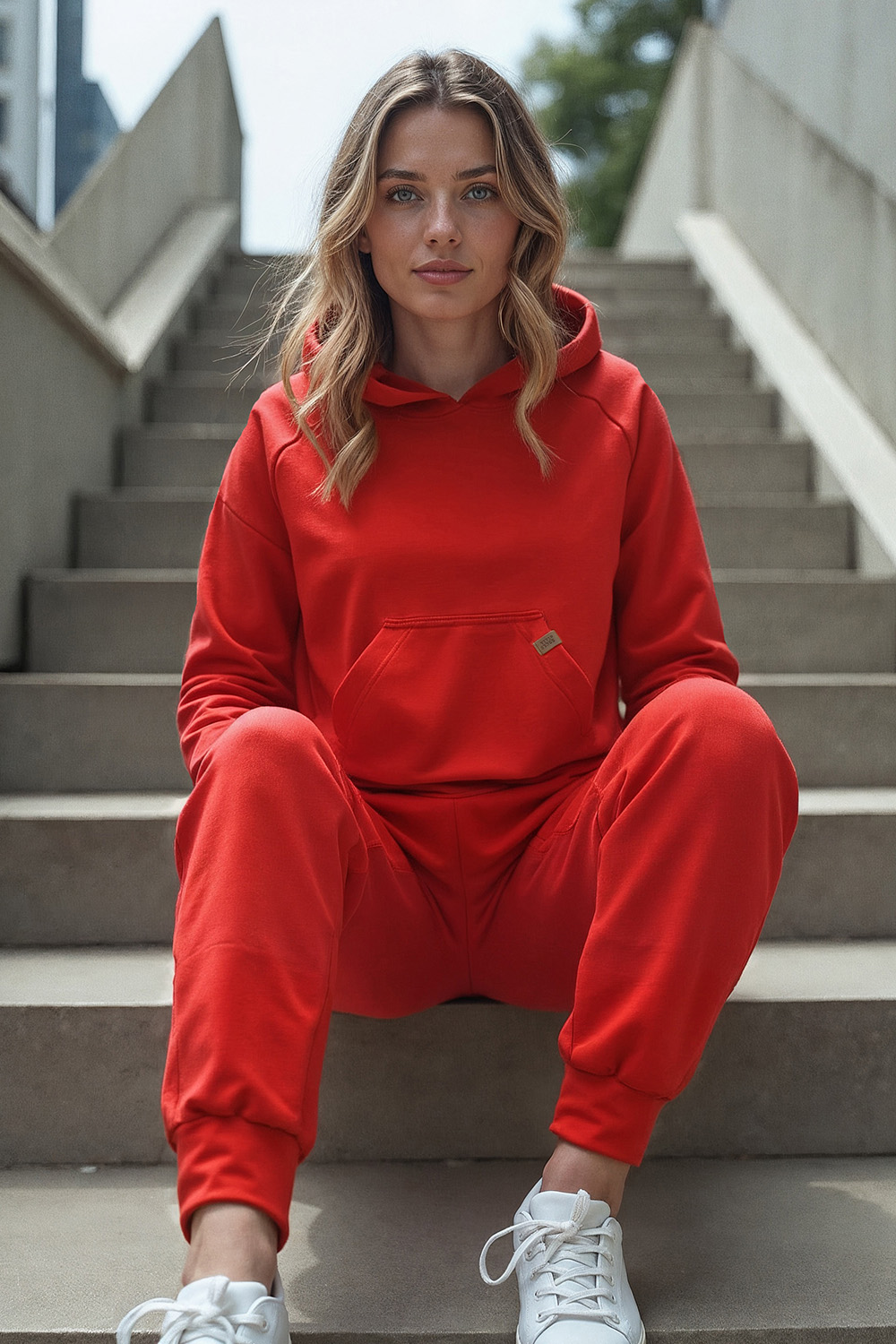 Vivisence Women Hoodie Sweatshirt Cotton Hood Pocket Casual Sportswear, red