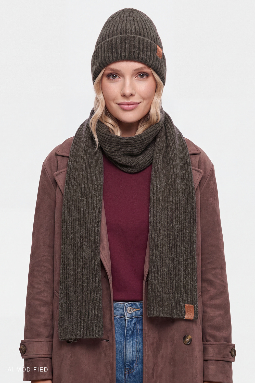 Vivisence Women's Ribbed Wool Blend Scarf, brown