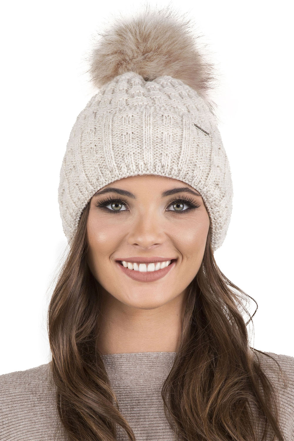 Vivisence Damen Mütze Bommel Warm Fleece Gefüttert Strick Winterstyle 7015, beige