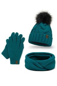 Vivisence Damen Winter Set Bommelmütze Loop Schal Handschuhe Warm Elegant, dunkeltürkis