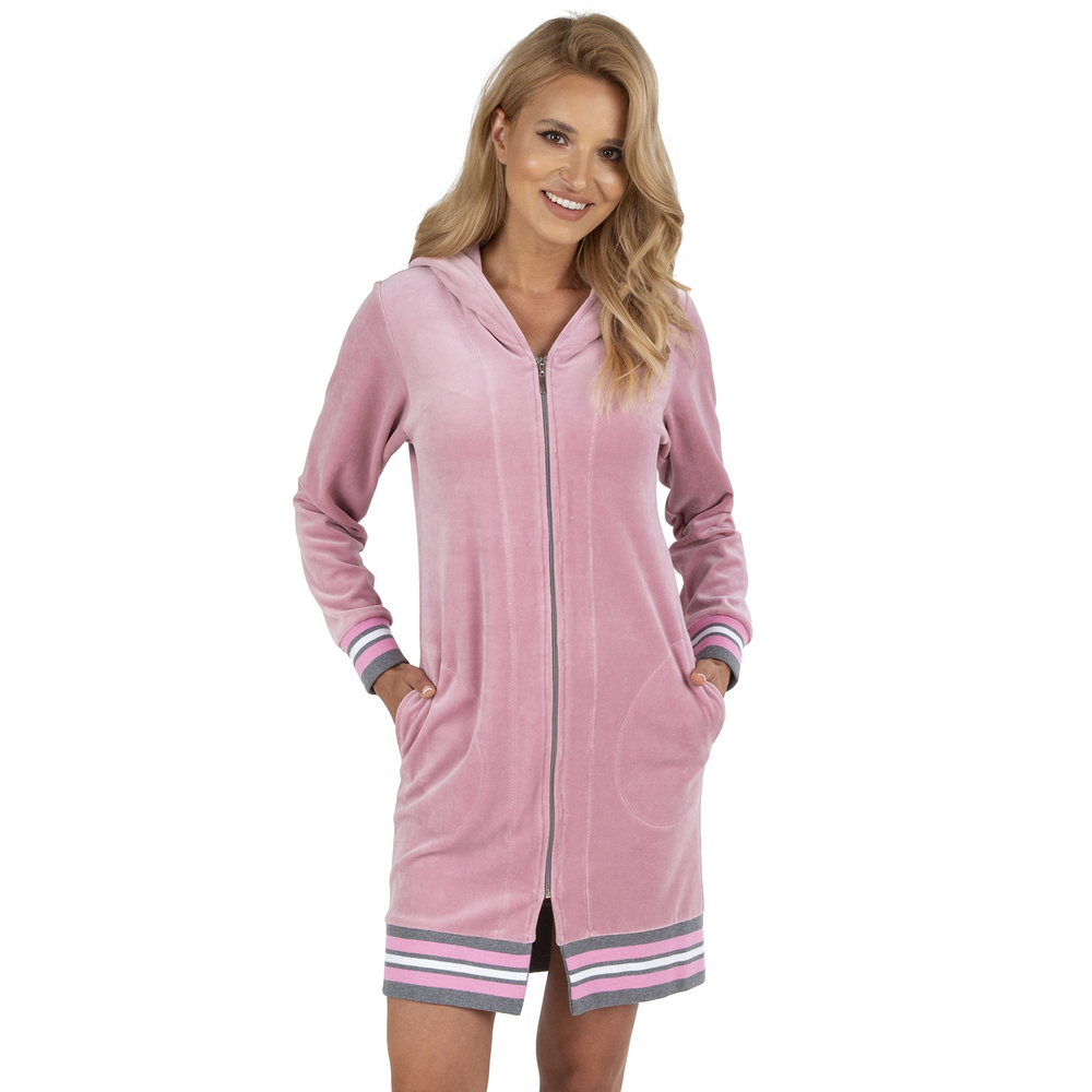 Vivisence Femme Peignoir Court Capuche Zippé Douillet Poches Bord Côtes 5018, rose