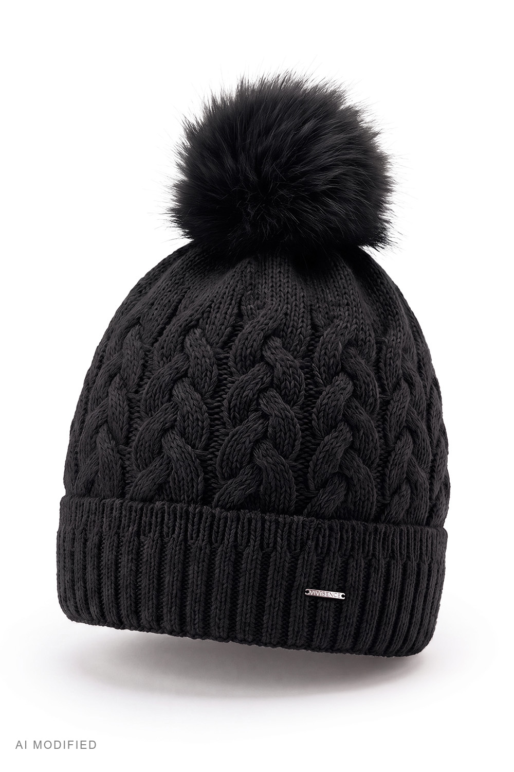 Vivisence Women's Beanie Merino Wool Silk Cable Knit Hat Winter Pom, black