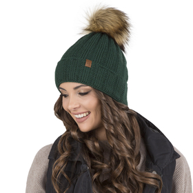 Vivisence Women's Pom Pom Hat Fleece Lined Faux Fur Pom Knitted 7019, green