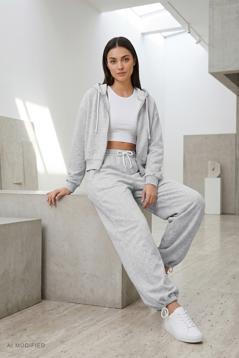 Vivisence Cropped Cotton Hoodie Zip Up Sweatshirt for Women, szary melanż