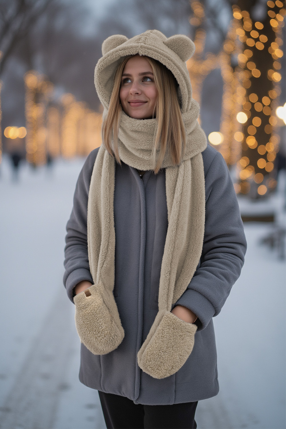 Vivisence Women Winter Hood Scarf With Mittens Soft Polyester Cozy Warmth, beige