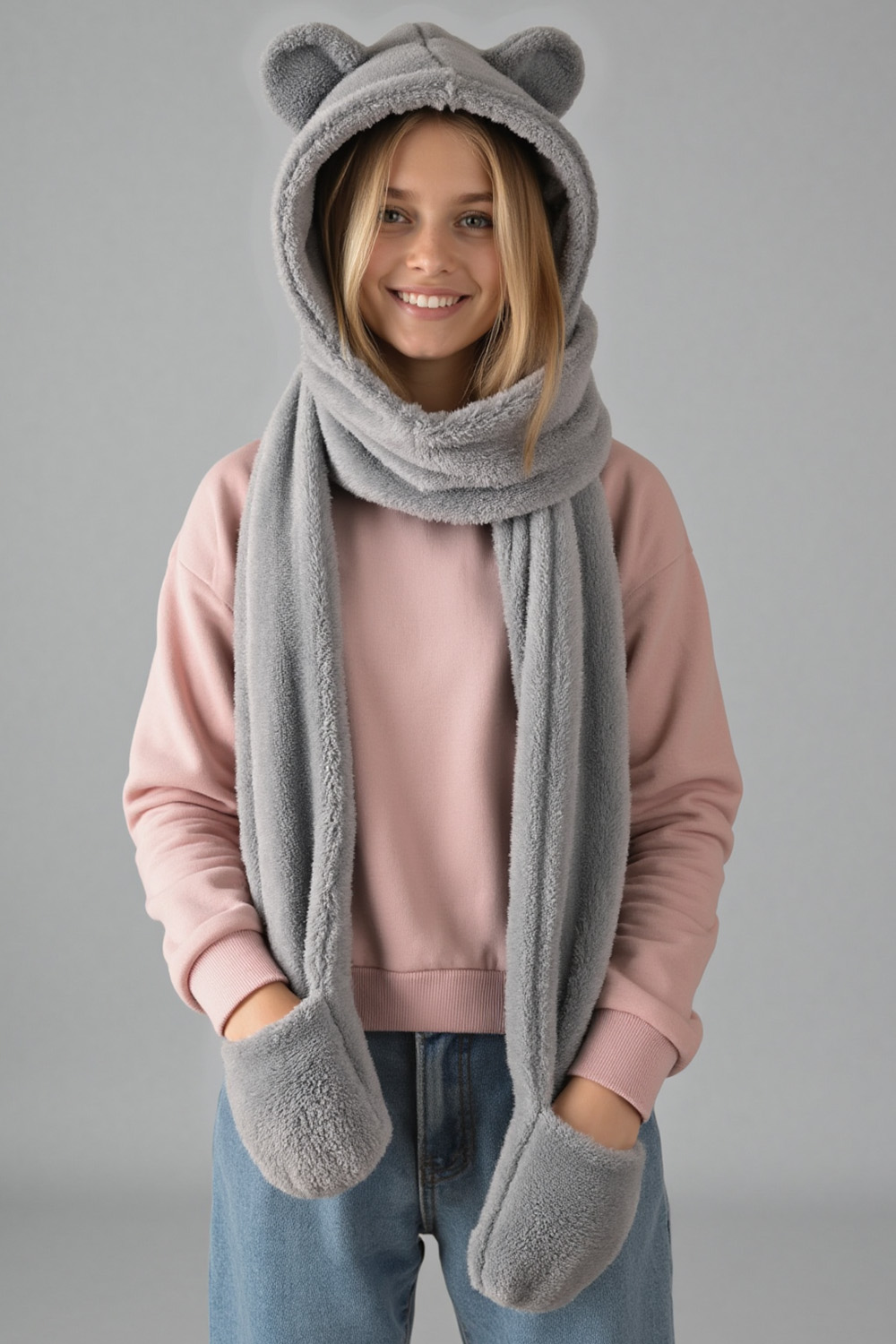 KiddyMoon Damen 3-In-1 Teddybär Kapuze Schal Und Fäustlinge One Size, hellgrau