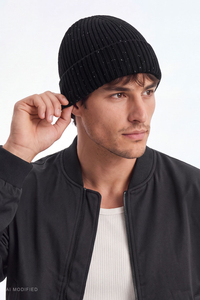 Vivisence Men's Beanie Merino Wool Silk Ribbed Warm Hat, black