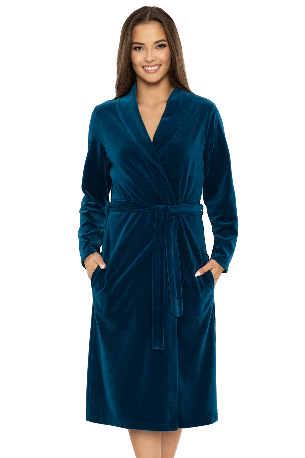 Vivisence Robe Cotton Belted Pockets Double-Sided Soft Cozy Daily Use 5022, dark turquoise