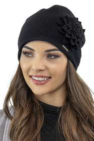Vivisence Women's Wool Hat With Floral Pleats Antistatic Elegant 7052, black