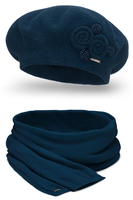 Vivisence Damen Baskenmütze Schal Set Wolle Applikation Lang Warm 7037kmpl, dunkelblau