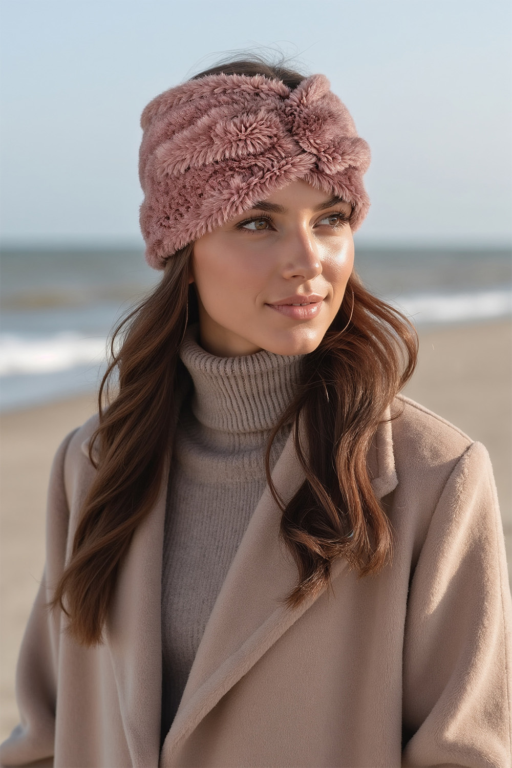 Vivisence Women Headband Soft Fluffy Knit Twist Front Cozy Warmth For Cold Days, powder pink