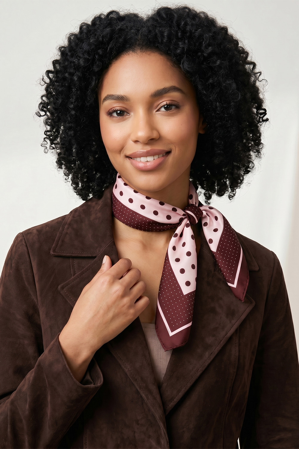 Vivisence Women Silk Scarf Silk Bandana Hand Rolled Edges Square Design, brown/pink/polka dots
