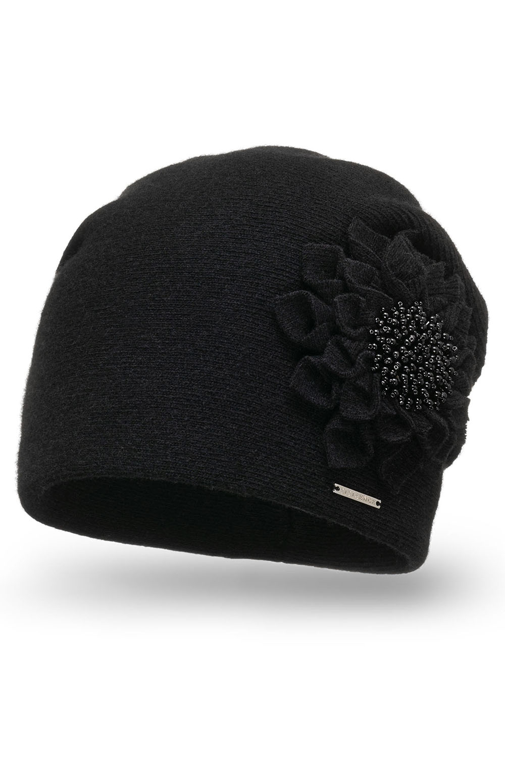Vivisence Women's Wool Hat With Floral Pleats Antistatic Elegant 7052, black