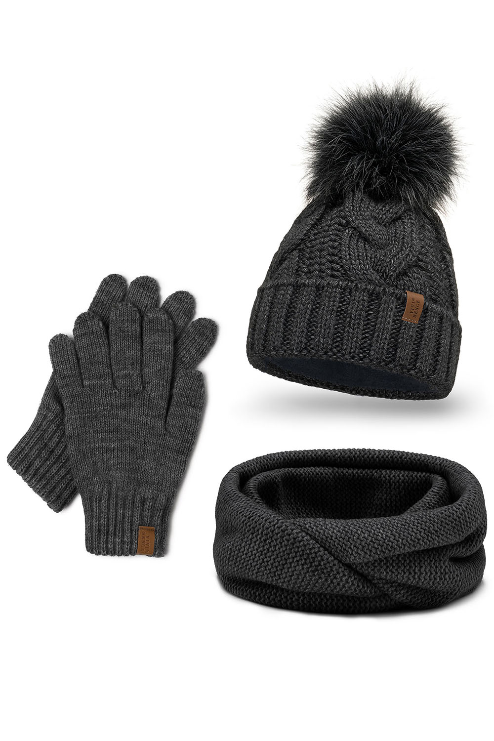 Vivisence Women Winter Hat Scarf And Gloves Set Soft Fleece Lining Cozy Warmth, dark grey