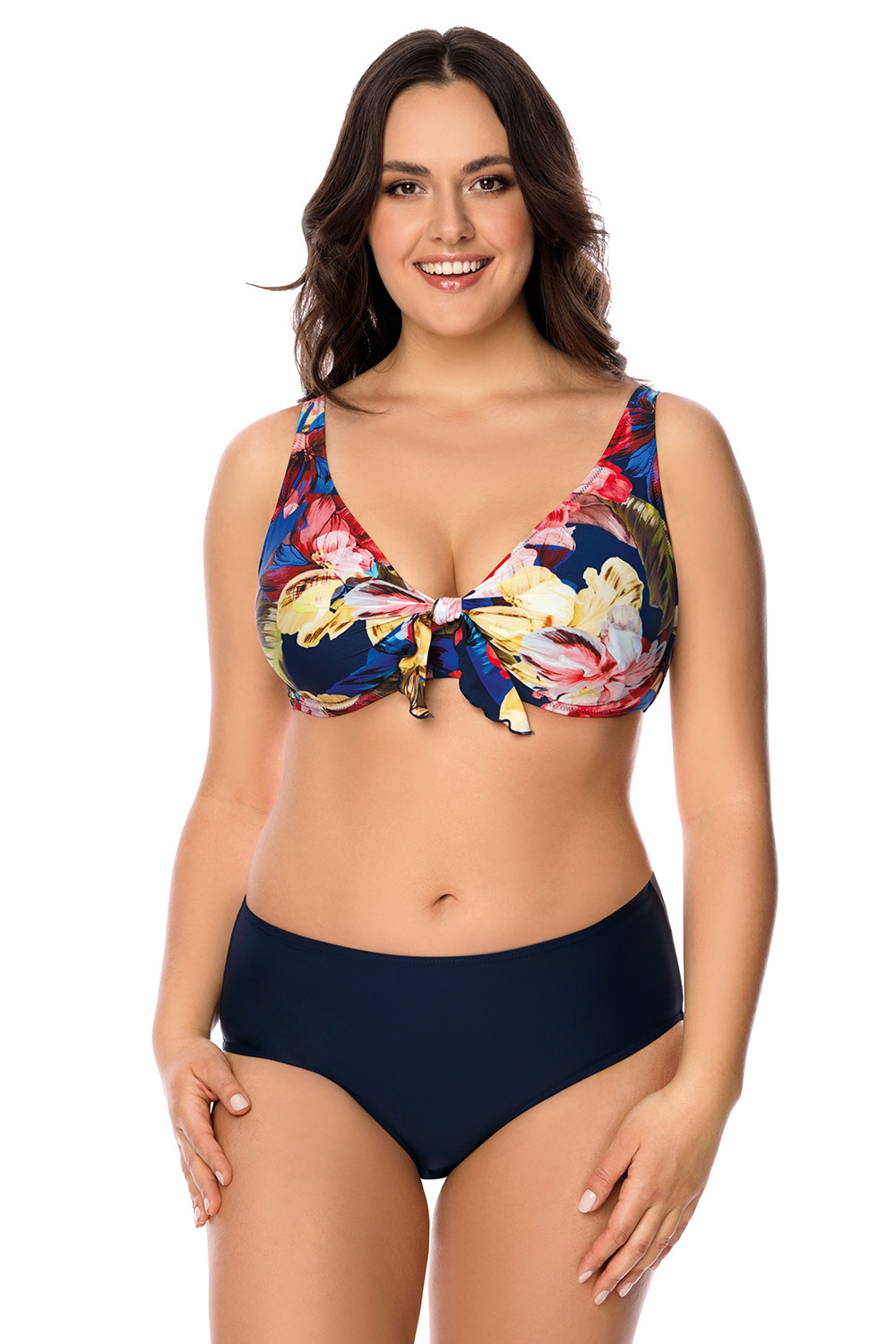 Vivisence Womens Swim Bra Underwire Non Padded Adjustable Straps Tie Front For Large Bust Support, navy flowers