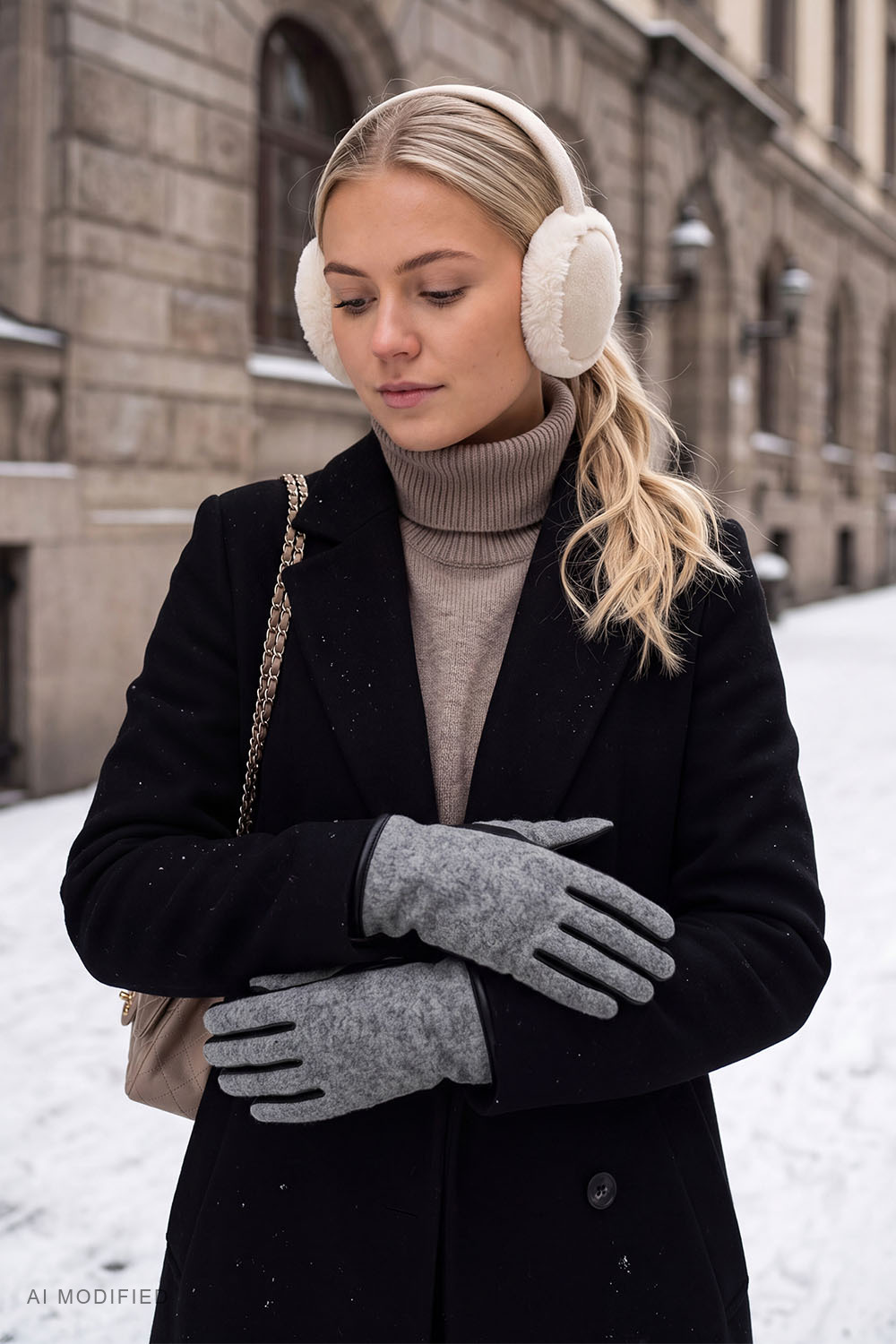Vivisence Damen Handschuhe Wolle Leder Winter Strick klassisch, Grau