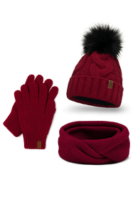 Vivisence Damen Winter Set Bommelmütze Loop Schal Handschuhe Warm Elegant, weinrot