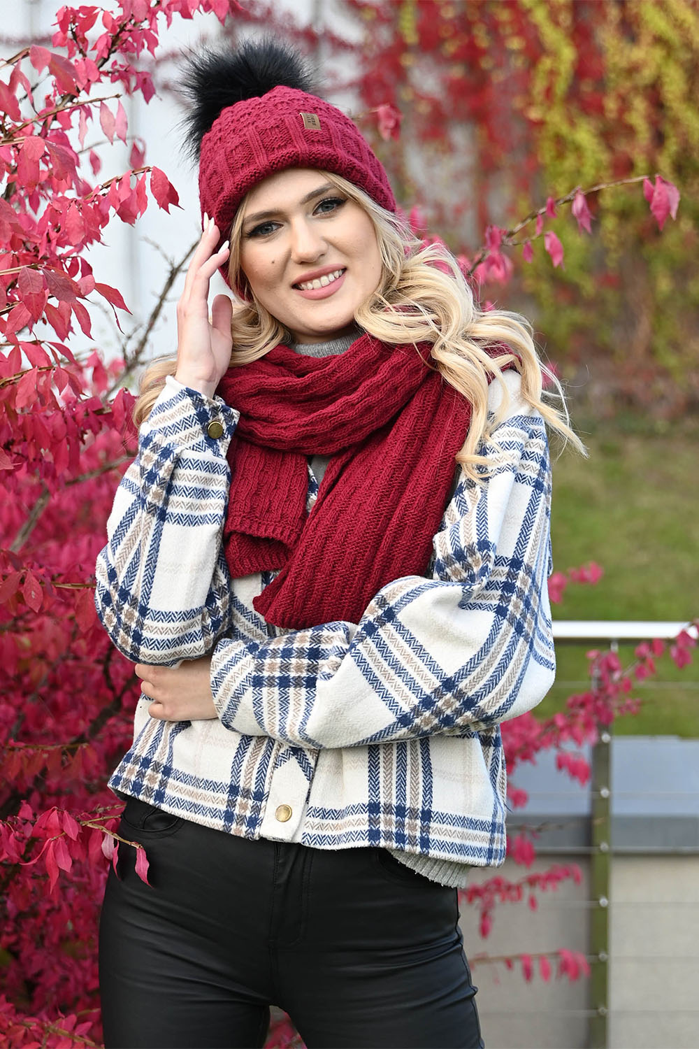 Vivisence Women Winter Hat Scarf And Gloves Set Fleece Lined Soft Knit Warmth, maroon