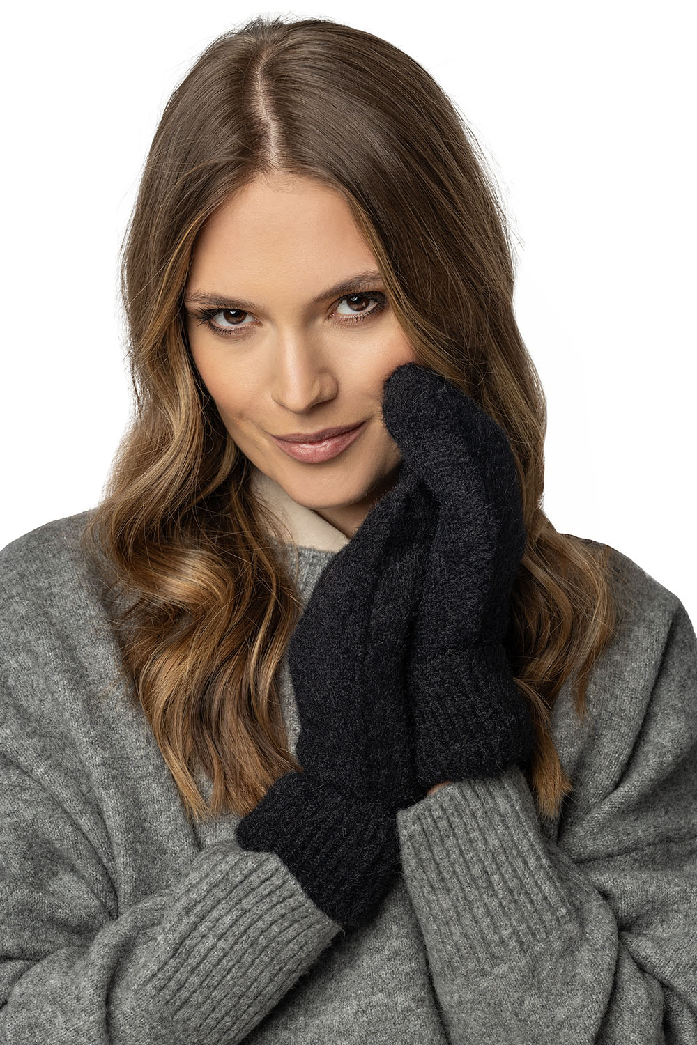 Women's Hood And Gloves for Winter and Autumn Set Stylish Balaclava Warm And Functional For Cold Weather Comfort With Soft Yarn And Elegant Tinsel Detail 7097Kmpl, black