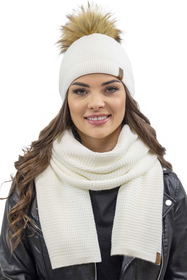 Vivisence Women's Pom Pom Winter Hat Warm Yarn Antistatic 7041, ecru