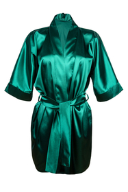 Vivisence Damen Satin Kimono Morgenmantel aus Polyester, eleganter V-Ausschnitt, 3/4 Arm, kurzer Bademantel für Damen als Nachtwäsche, Grün