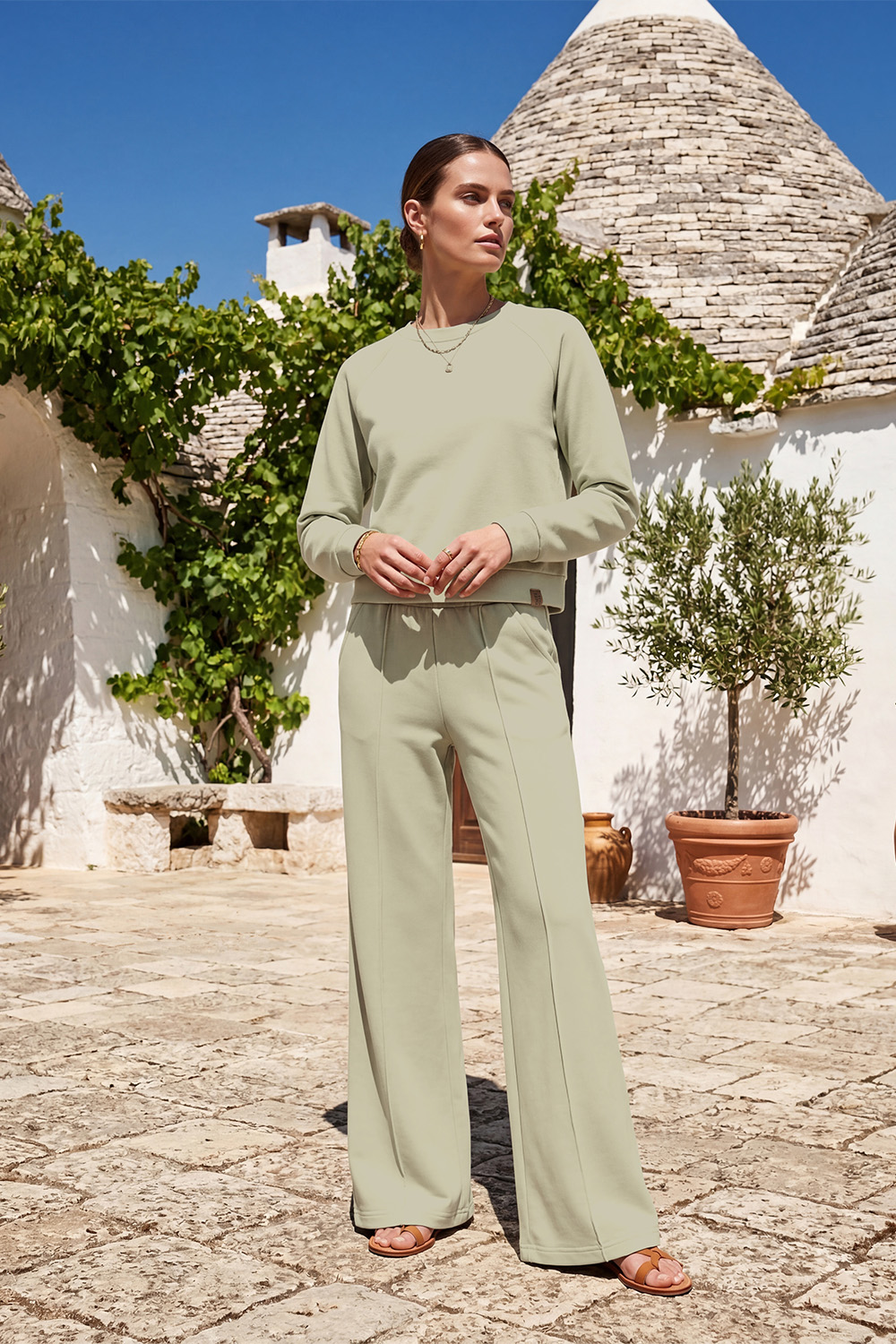 Vivisence Femme Ensemble de Survêtement Sweat Et Pantalon Tissu Extensible Confort Quotidien, olive