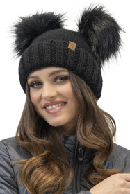 Vivisence Fashionable Women’s Winter Set Perfectly Fitted Hat with Dual Eco-Friendly Pom-Poms and Soft Anti-Static Fleece Lining Foldable Snood Scarf Ideal For Cold Weather, Black