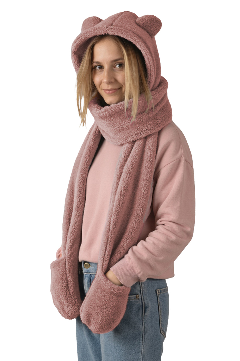 Vivisence Women Winter Hood Scarf With Mittens Soft Polyester Cozy Warmth, light pink