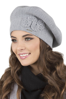 Vivisence Elegant Women's Winter Set Including Classic Beret With Floral Decoration And Matching Long Warm Wool Scarf Ideal For Cold Winter And Autumn Days, light grey