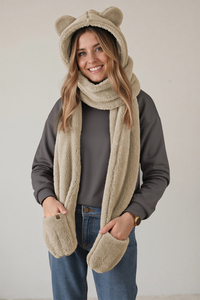 Vivisence Damen 3-In-1 Teddybär Kapuze Schal Und Fäustlinge One Size, beige