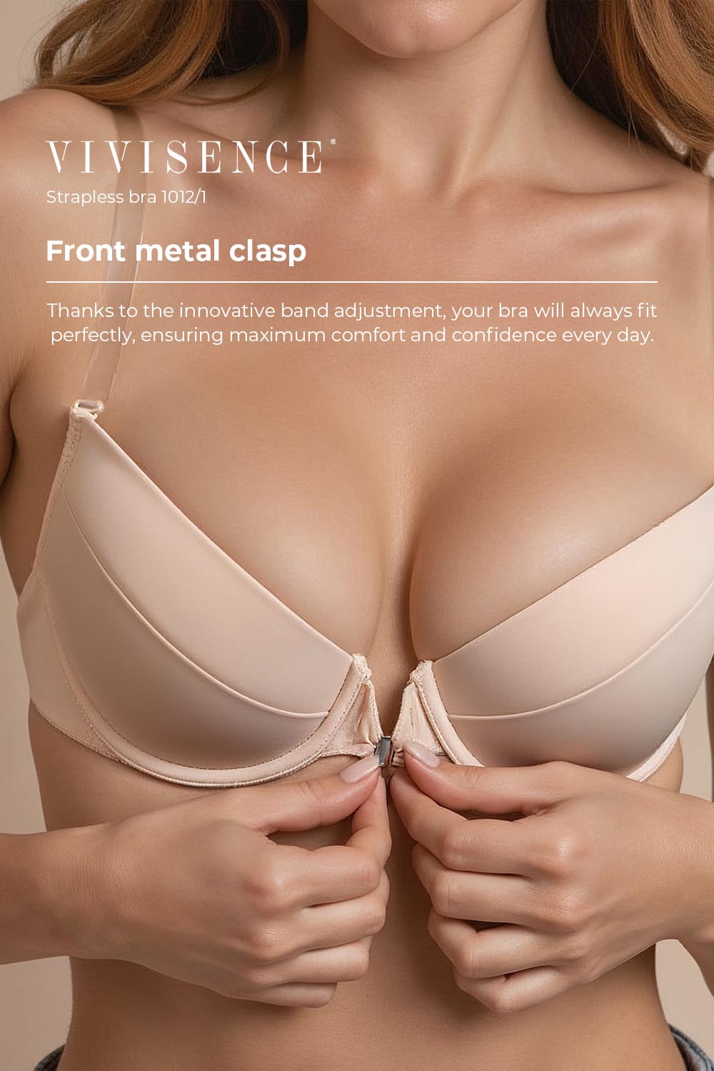 Vivisence Femme Soutien Gorge Bretelle Transparent Push Up Invivsible Soutien-Gorge Dos Nu Amovibles Bretelles, beige