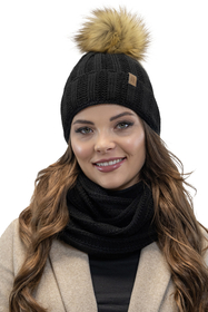 Vivisence Damen Bommelmütze Winter Fleecefutter Kunstpelzbommel Strickmützen 7019, schwarz