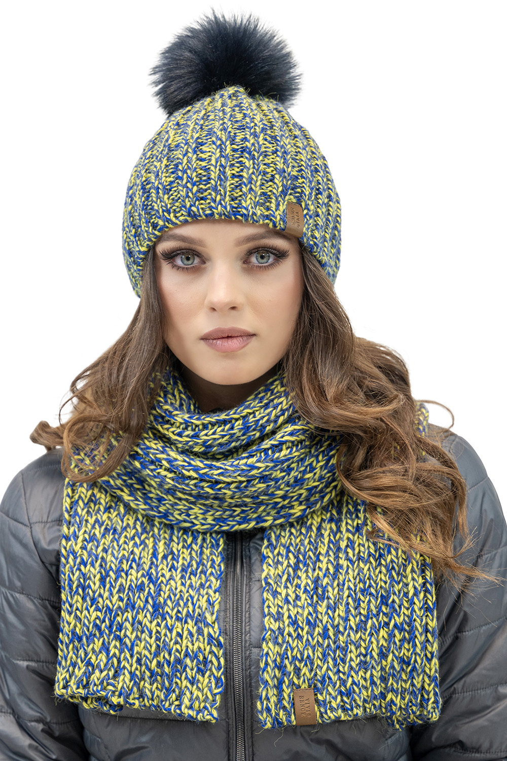 Vivisence Fashionable Winter Women's Set Including Pom-Pom Hat And Long Scarf Made From Warm Two-Color Yarn Soft Fleece Lining Perfect For Cold Winter And Autumn Days, yellow