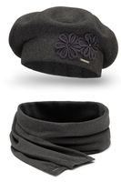 Vivisence Damen Baskenmütze Schal Set Wolle Blumenapplikation Warm Elegant 7007, dunkelgrau