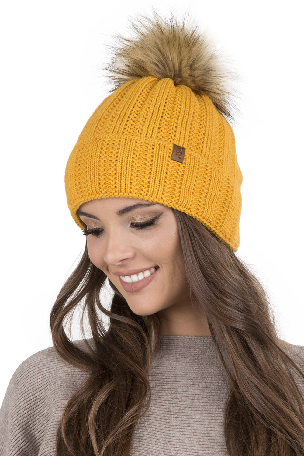 Vivisence Women's Pom Pom Hat Fleece Lined Faux Fur Pom Knitted 7019, honey