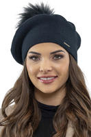 Vivisence Béret Et Écharpe Pour Femme L'automne et L'hiver Ensemble Élégant Fabriqué En Laine Chaude Avec Pompon De Fausse Fourrure Style Classique Idéal Pour Les Froids Jours Cadeau Parfait 7035Kmpl, bleu foncé