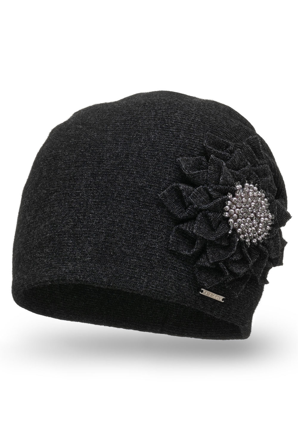 Vivisence Damen Mütze Wolle Blumenapplikation Falten Antistatisch Elegant 7052, dunkelgrau